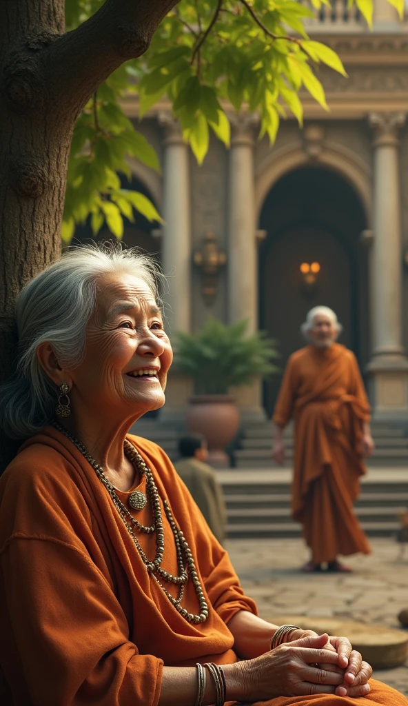 An elderly woman with a warm and kind face, dressed in simple, worn clothes that reflect her humble lifestyle. Her eyes sparkle with joy, and her smile is infectious, radiating happiness and contentment. She sits under a tree, surrounded by children, sharing stories and laughter. Despite her poverty, she exudes an aura of inner peace and fulfillment. Arjun is depicted standing alone in a large, opulent room filled with luxurious furniture, fine art, and gold trinkets. Despite the wealth surrounding him, his expression is one of deep dissatisfaction and loneliness. The room, though grand, feels empty and cold, reflecting Arjun’s inner void.