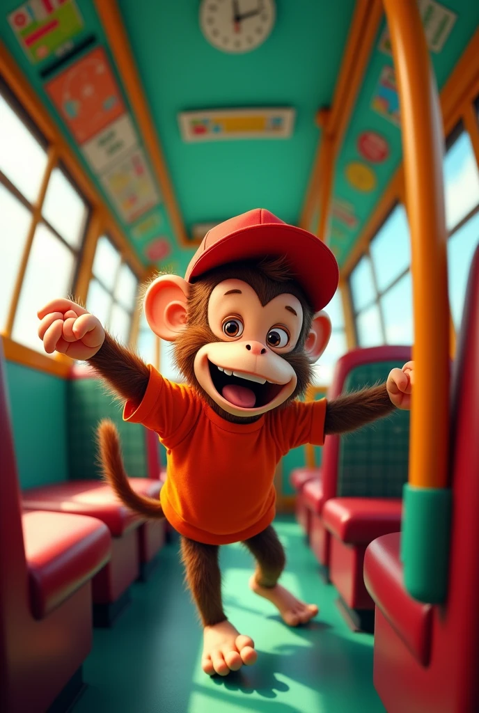 Crazy monkey in red cap and shirt trapped inside red and green bus