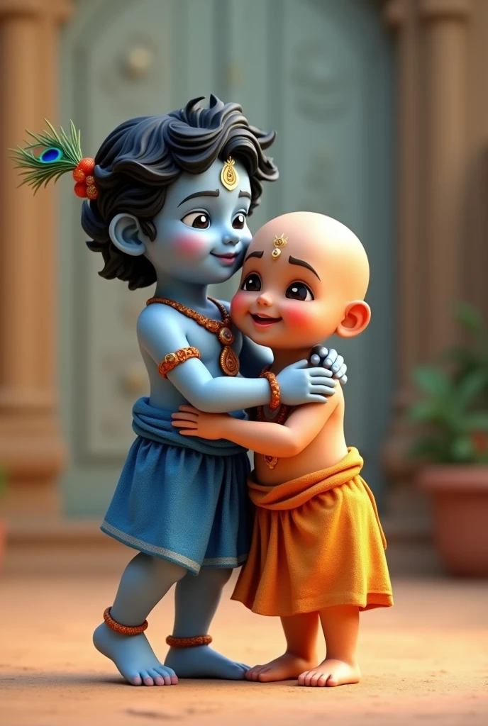 PROMPT:-Create a 3D image of Krishna and his friend Sudama, where 7-year old Krishna is standing and hugging his friend Sudama and caressing his head. Sudama has no hair on his head and a tilak on his forehead. Sudama is wearing a saffron coloured dhoti and Krishna is wearing a blue coloured dhoti. He has a peacock feather on his head and a flute in his hand. The background is blurred.