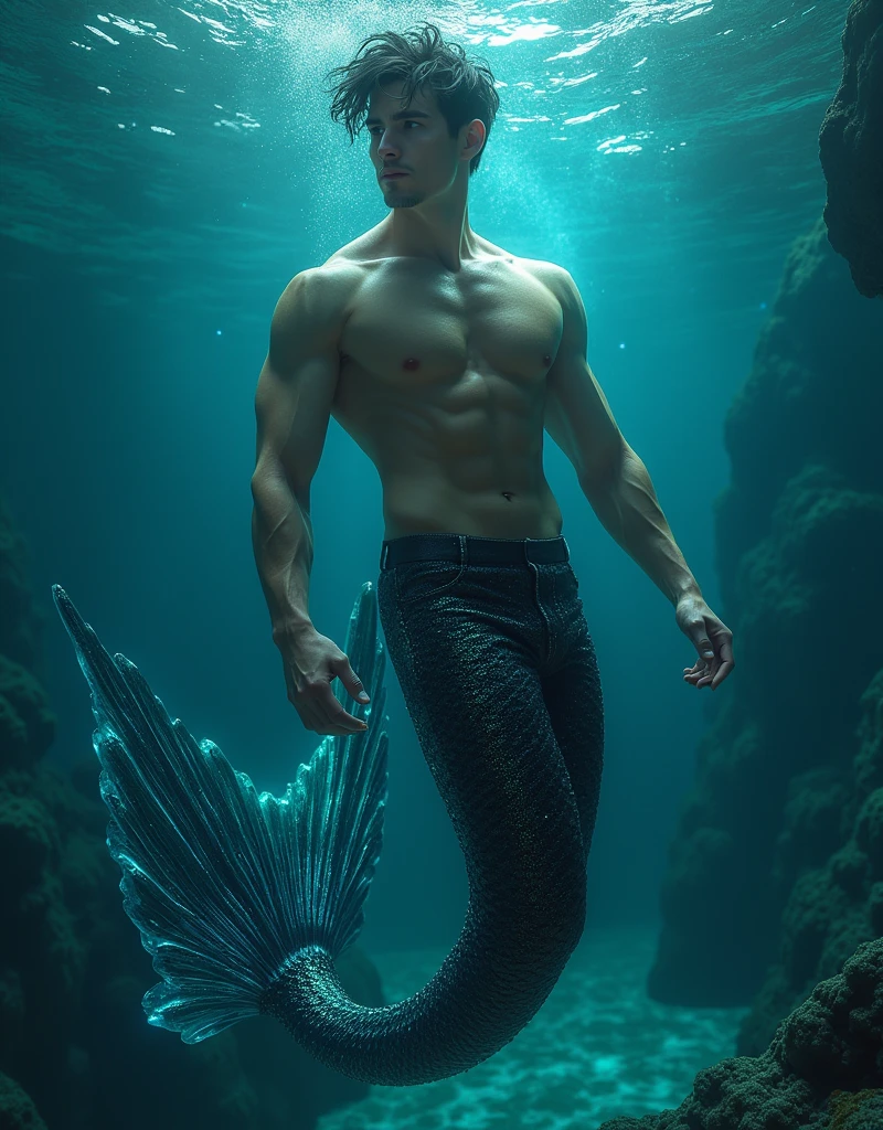 (masterpiece,Distinguished Quality,Mirror-like,Cinematic Experience, insanely detailed,absurdres),8k,full image shot), the shimmering, iridescent depths of an enchanted ocean, (1 male:1.6),mesmerizing sirens,(male, with manly mermaid tale:2.0),(male siren),(black metallic manly tale),(manly abs),(all hair types are in),Black hair:2.0),aquamarine eyes gleam with an otherworldly allure, shimmering, crystalline tail glimmers with a soft, ethereal light, beckoning sailors to their doom with a haunting, melodic song that echoes through the mystical, moonlit waves, Imagine the captivating, underwater scene!