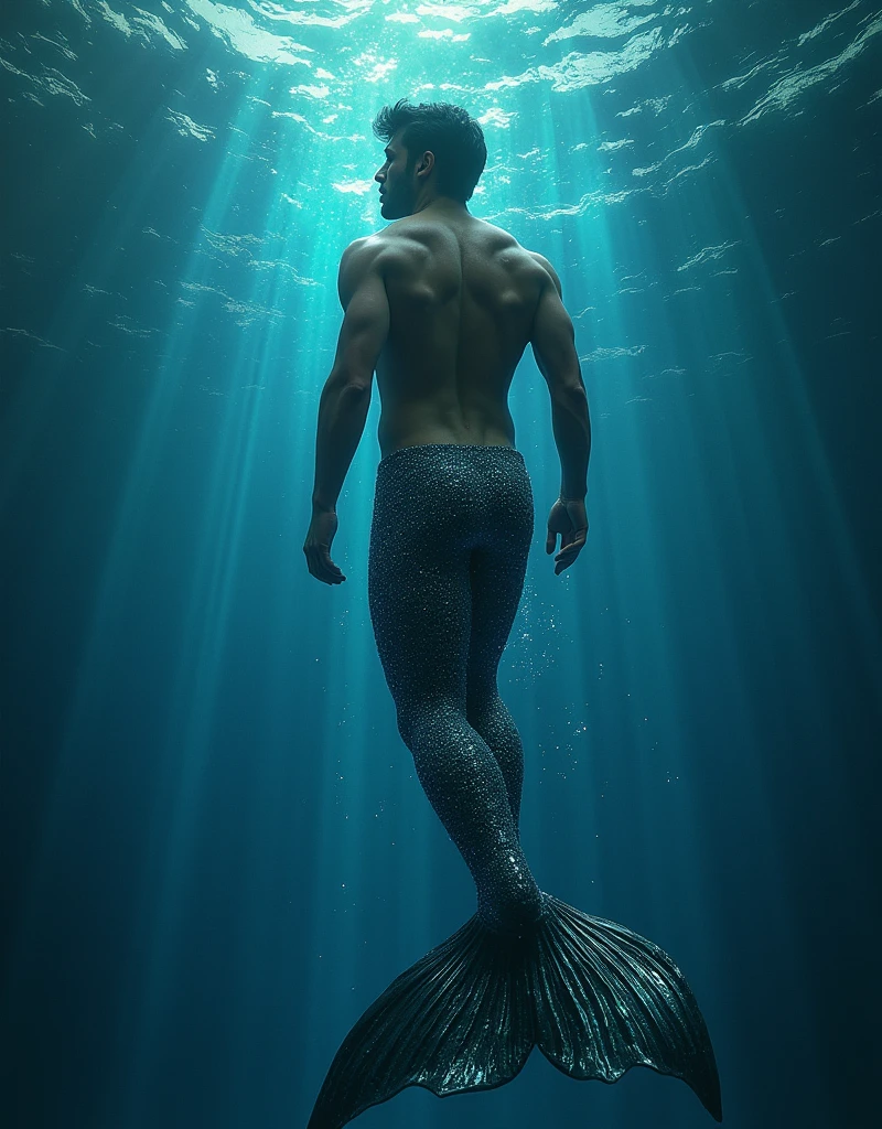 (masterpiece,Distinguished Quality,Mirror-like,Cinematic Experience, insanely detailed,absurdres),8k,full image shot), the shimmering, iridescent depths of an enchanted ocean, (1 male:1.6),mesmerizing sirens,(male, with manly mermaid tale:2.0),(male siren),(black metallic manly tale),(manly abs),(all hair types are in),Black hair:2.0),aquamarine eyes gleam with an otherworldly allure, shimmering, crystalline tail glimmers with a soft, ethereal light, beckoning sailors to their doom with a haunting, melodic song that echoes through the mystical, moonlit waves, Imagine the captivating, underwater scene!