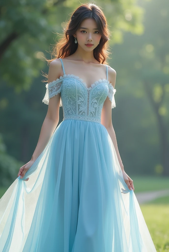 dress is a delicate light blue shade. The skirt is flowy and light, while the bodice is adorned with fine lace detailing. The shoulders are exposed, enhancing your soft and delicate skin. The final effect is feminine, elegant and radiant