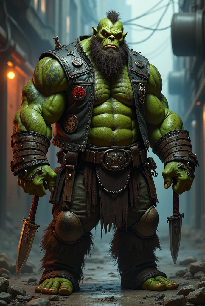Make a green-skinned orc with long hair and a beard who is a heavy metal fan with a leather vest and is muscular and a bit overweight and loves cigars and combat knives.