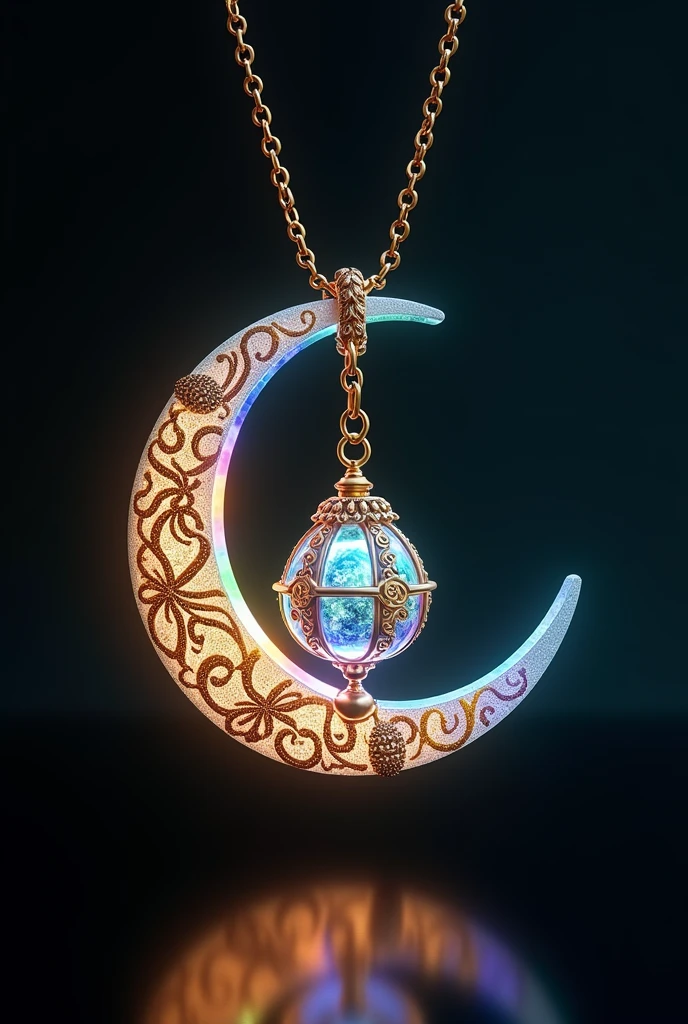 This is an enchanting crescent moon necklace, featuring a glowing, luminescent design. The crescent moon pendant is large and dominates the design, curving gracefully with a delicate filigree pattern that adds intricate detail to its surface. The crescent has a soft, radiant Rainbow glow that emanates from within, creating a magical and otherworldly effect. Hanging from the inside of the crescent moon is a small, spherical crystal or orb, encased in an ornate, Golden metal cage. The orb also emits a faint Rainbow glow, harmonizing with the light of the crescent moon. The metal cage surrounding the orb is intricately designed, with delicate swirls and loops that add a touch of elegance and complexity. The pendant is attached to a fine, Golden chain that complements the overall design. The chain is simple and unobtrusive, allowing the focus to remain on the glowing crescent moon and orb pendant. The overall aesthetic of the necklace is mystical and celestial, perfect for someone who appreciates unique, fantasy-inspired jewelry with a touch of magic.