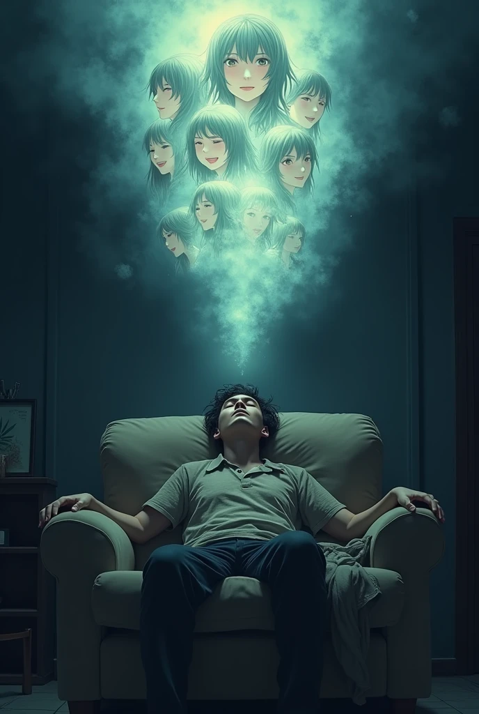 very tired-looking man is lying on sofa in the dark room with his eyes closed wearing worn-out clothes and in his imaginary world who has a big bright haze over his head and in the haze anime girls are smiling happily