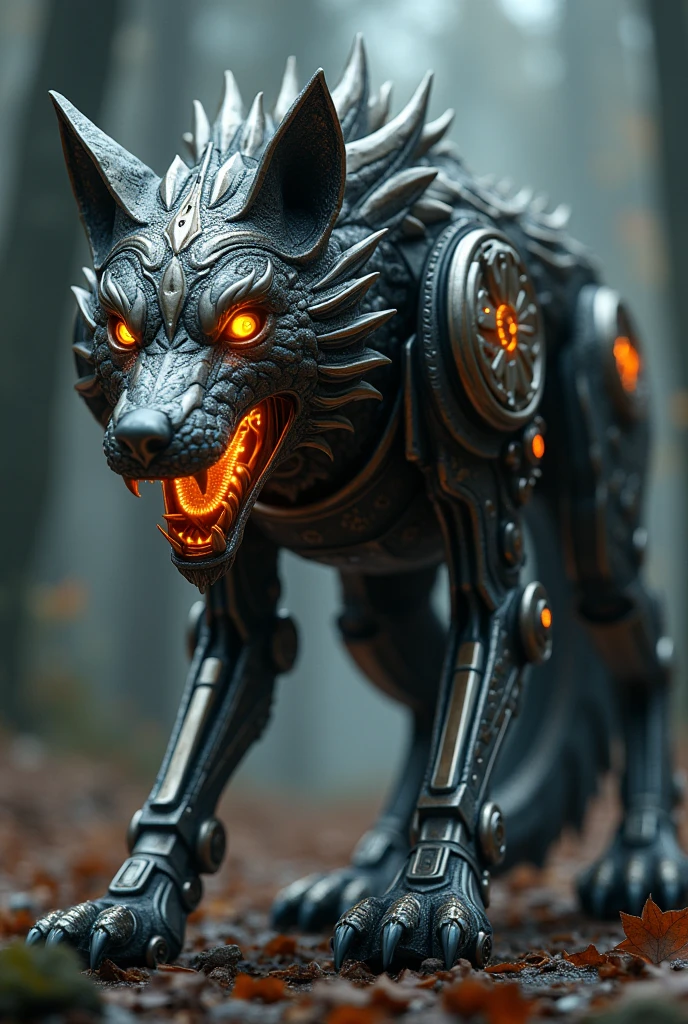 maximum quality, Dramatic lighting, menacing pose,  expression, epic atmosphere, (((dragon head shaped helmet))), (((full body shot))),a wolf made out of metal, clockwork, ((intricate details)), hdr, ((intricate details, hyperdetailed)), incandescent lamps, cinematic shot, vignette, bokeh effect beckground, (canines), (full body shot).