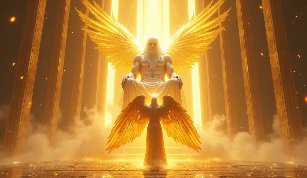 holy paladin, glowing light eyes, glowing golden wingiomechanicals, The colors are very vivid, Light particles, Glowing light angel, wings on angel's back, Mshiv, wallpaper art, ultra HD wallpaper, looking upon a super Gigantic God with light covering God's face, with white hair and white beard, seated on his large golden white thrown, 32K UHD, style raw.