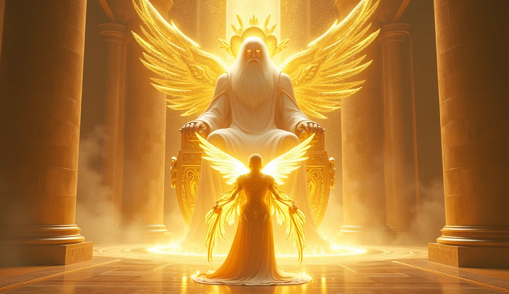 holy paladin, glowing light eyes, glowing golden wingiomechanicals, The colors are very vivid, Light particles, Glowing light angel, wings on angel's back, Mshiv, wallpaper art, ultra HD wallpaper, looking upon a super Gigantic God with light covering God's face, with white hair and white beard, seated on his large golden white thrown, 32K UHD, style raw.