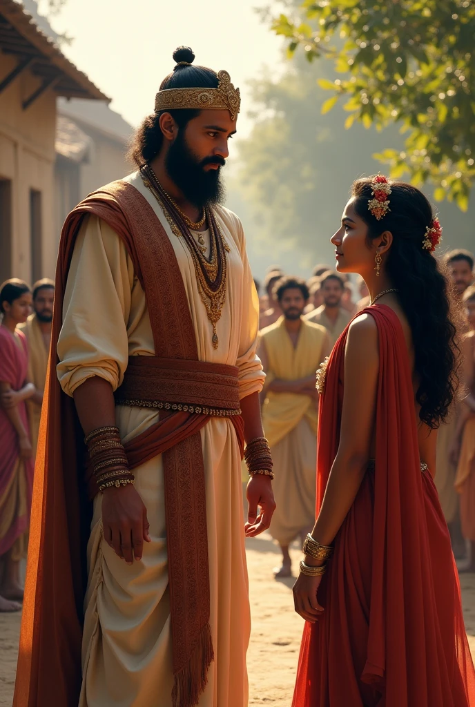 King Udayan in the Village: "King Udayan, in royal attire but with a humble demeanor, standing beside Princess Ananya who's wear a simple dressed in the village. The king looks proud yet emotional, as he listens to Ananya explain her actions. Villagers stand around them, watching with admiration and respect."