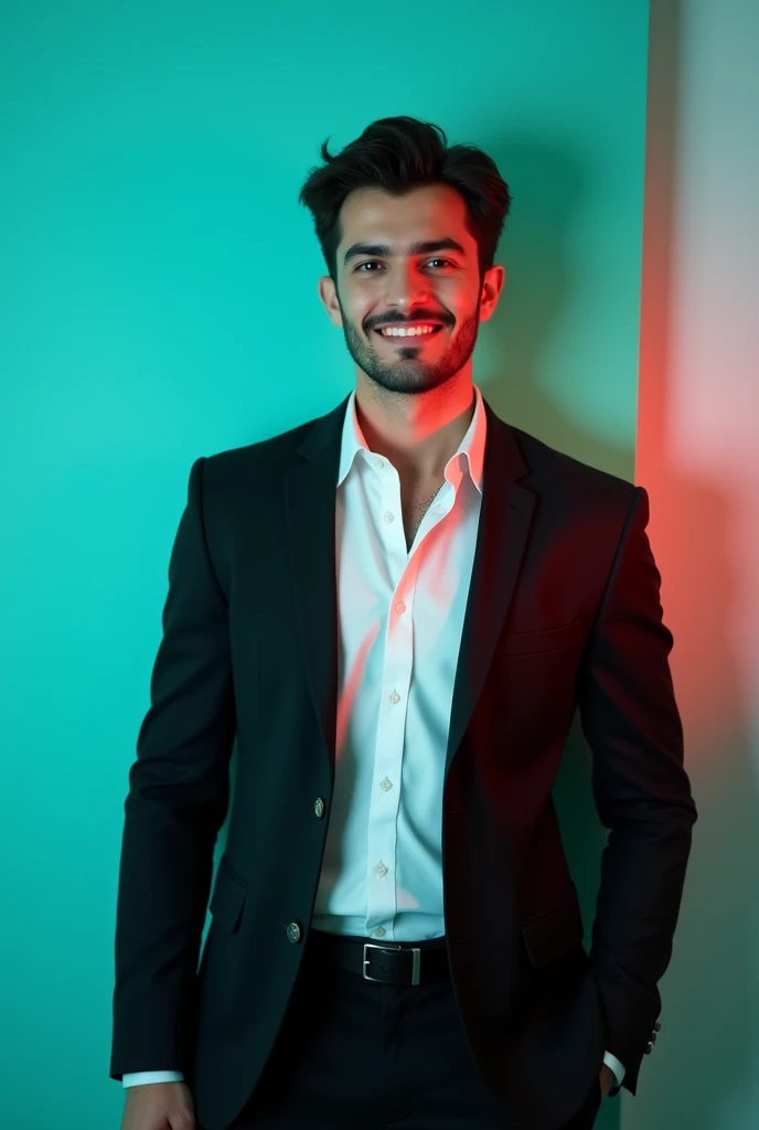 A young Man With Dark hair and a confident smile He is Dressed in a black blazer over a white shirt The man is positioned against aqua colour backdrop with a subtle red lighting on t