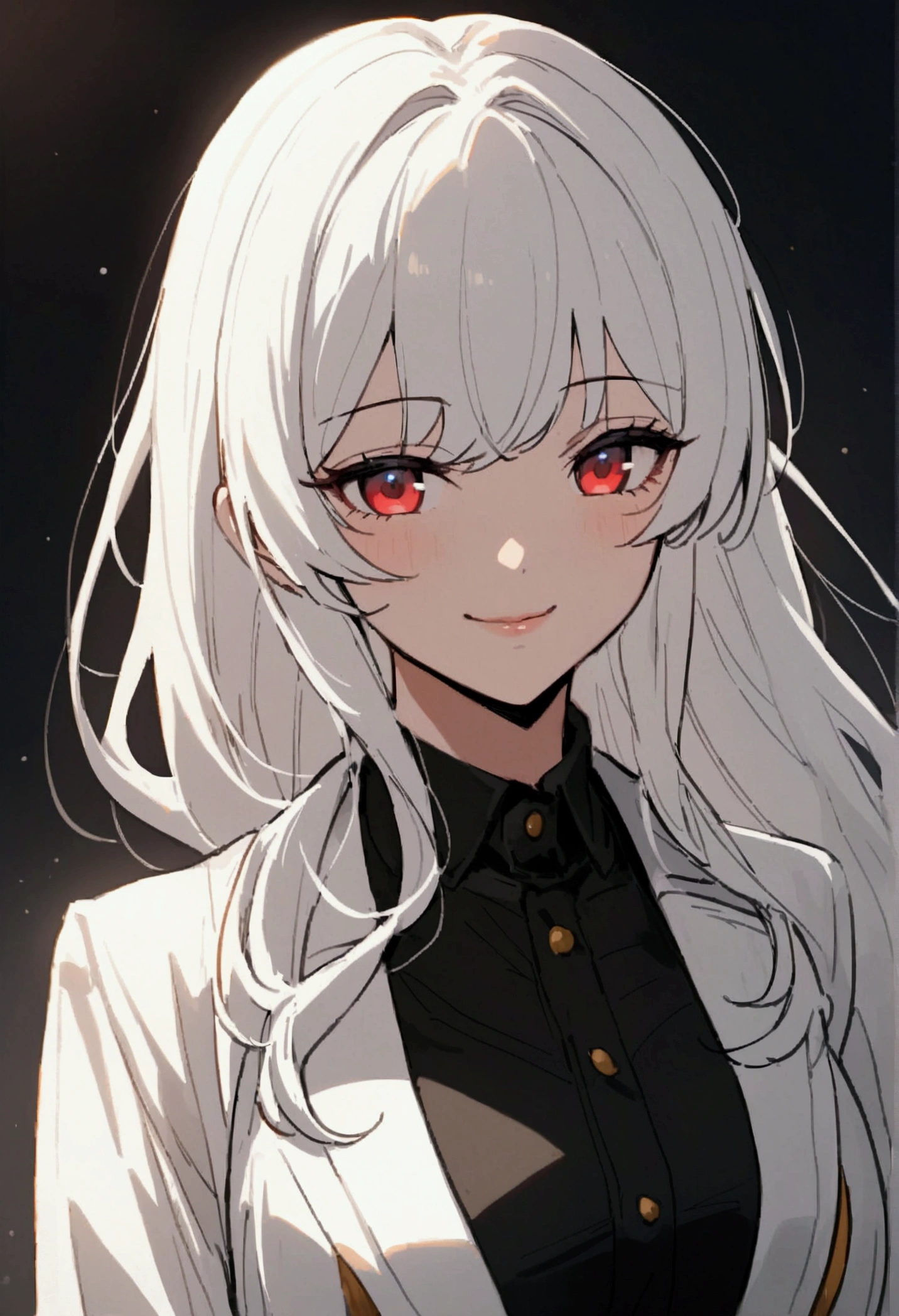 Manhwa adult woman with long white hair and red eyes, wearing a modern outfit. She's smiling