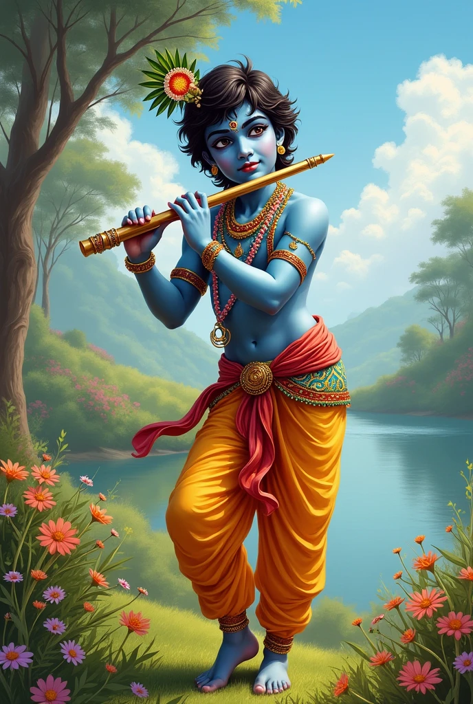 A beautiful picture of krishna holding flute that how he actually look when he exists and also write happy krishna janmashtami