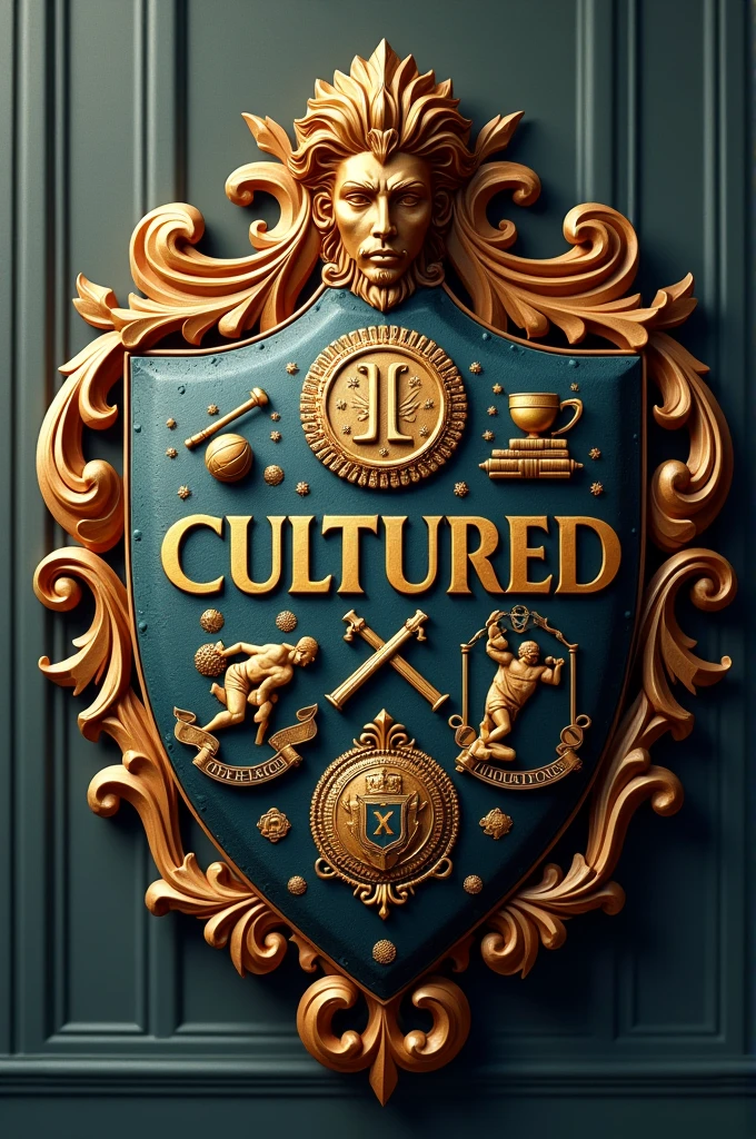 Create a shield where it says "cultured" have images related to sports and studies