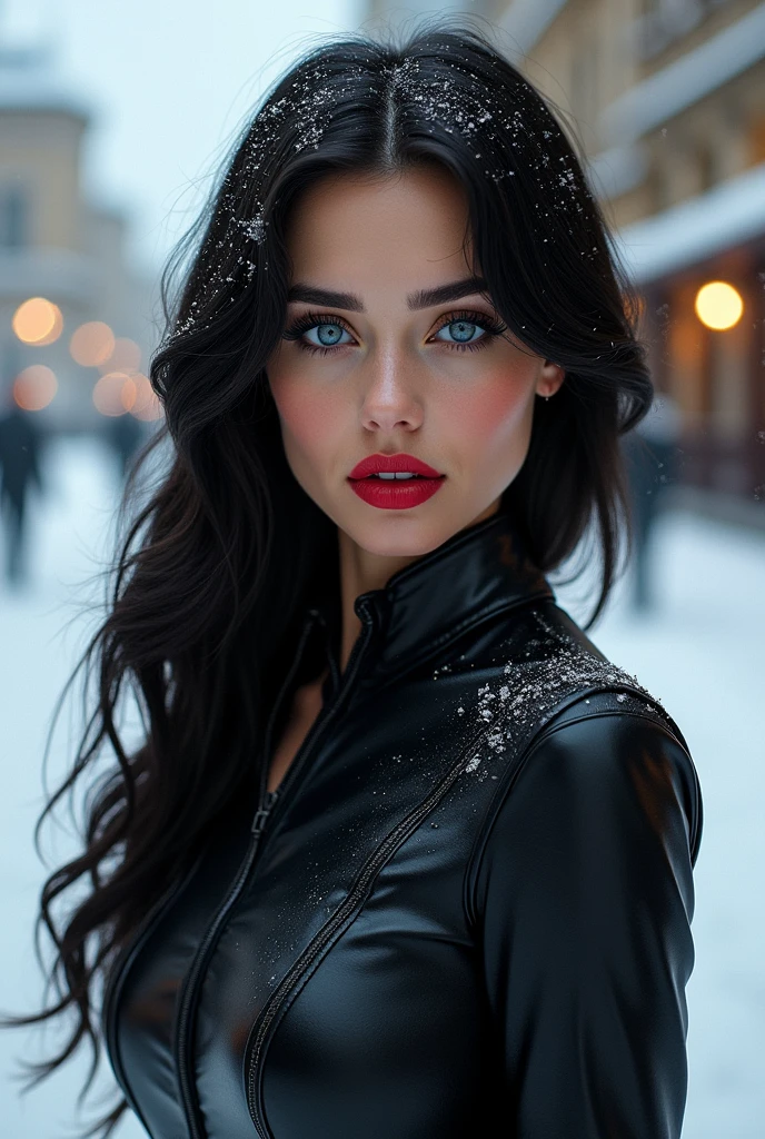 A woman from Russia, with sapphire blue eyes, full red lips, thick black hair, thick eyebrows and eyelashes, blushing from the cold. With a beautiful snowy Russian city background, Her body-hugging outfit was black with a grey leather trim, let your curves be noticed. That your face is surreal