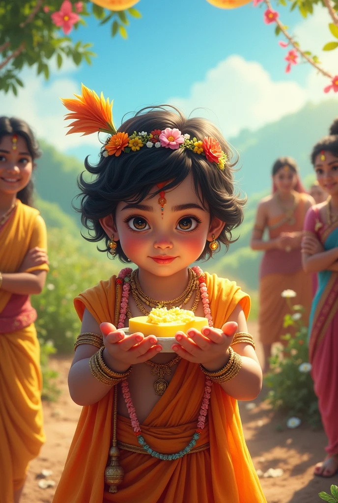 Janmashtami phoster in these poster krishna photo is eat makhan in chaild
Give some message