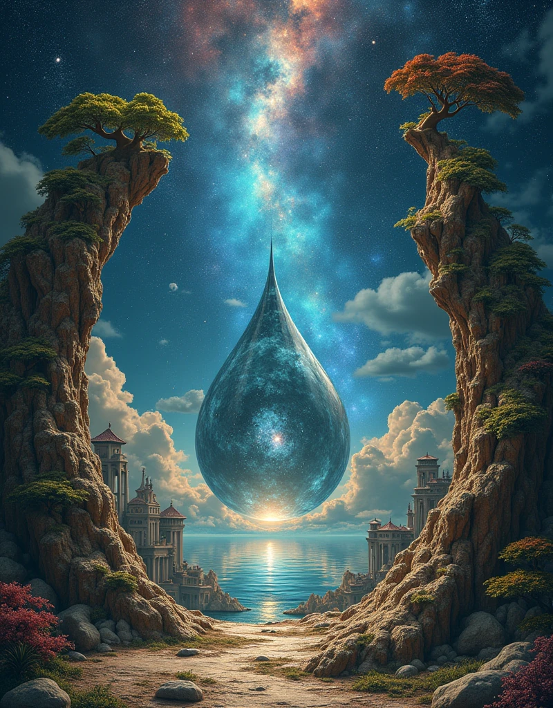 water droplet Impossible epic surreal Distorted unbalanced reality masterpiece by Martin Stranka, illusion, juxtaposition; a magnificent surreal image that depicts the passage of time and the creation of the cosmos and the earth. a magnificent surreal scene within a cracked open fractal ancient stargate. The edge of the fractal is decorated with twisted ancient bonsai with victorian cottages and glitter on it. cityscape damask art deco vintage midnight satin galaxy stars