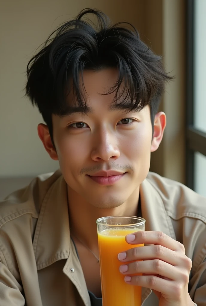 Young man drinking a light-colored cola　Japanese　Ocean　summer　sunny