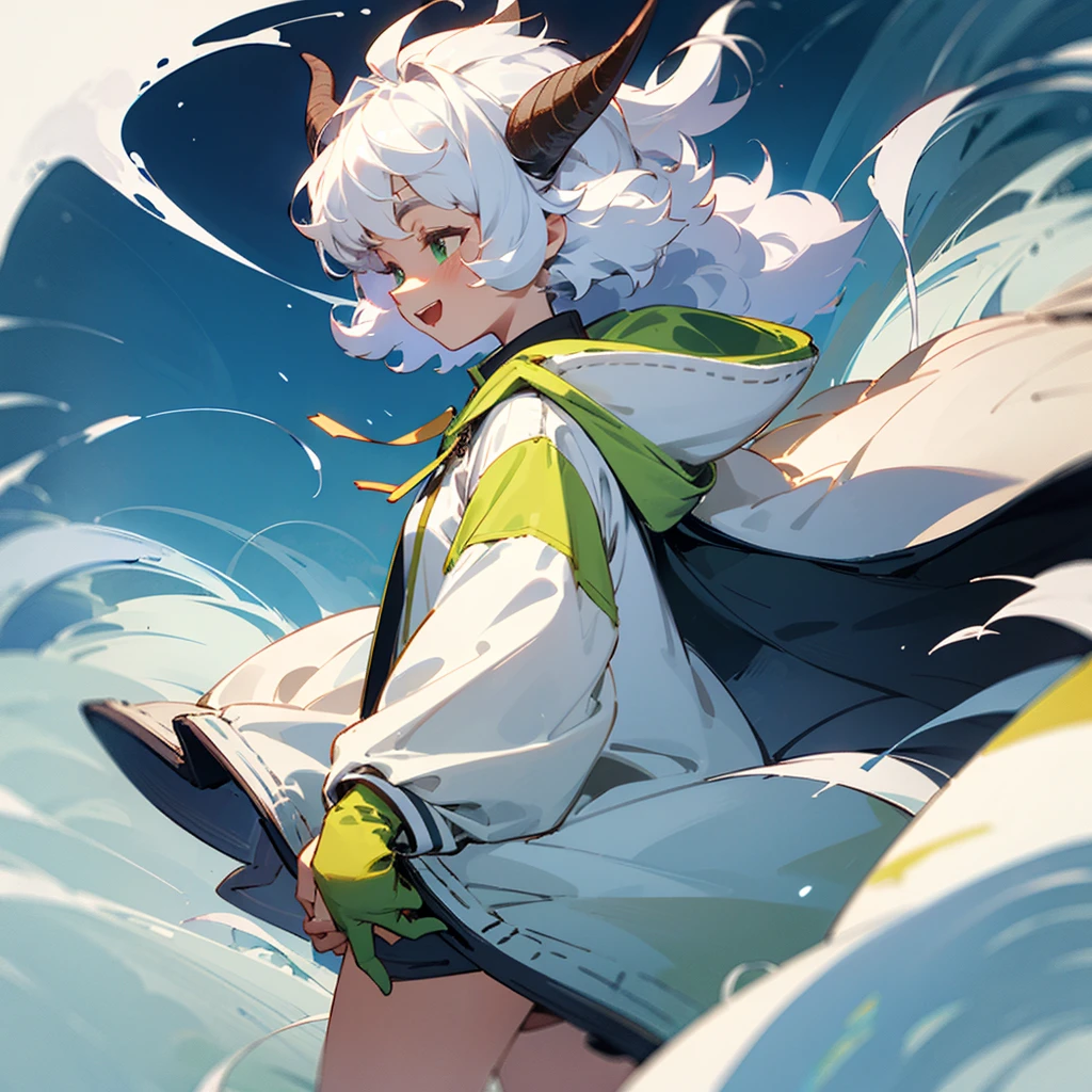 Very happy with her arms a LITTLE open as if she was holding a SMALL invisible box, with a green and white hooded short jacket, with goat horns and white afro hair, Front view and slightly elevated