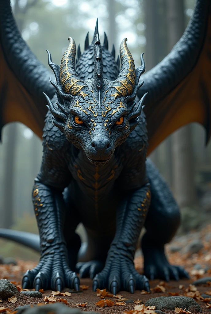 A black dragon with realistic skin detail with golden “veins” and markings across its body and on the edges and ends of its skin  
