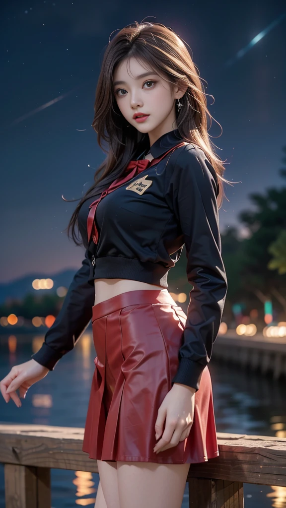 ulzzang-6500-v1.1, (RAW photo: 1.2), (Real photo), (Real photo: 1.4), 1 girl、Perfect anatomy、1、Looking at the camera、Medium length hair、side braids, uniform short red skirt, in a surreal royal garden, under the starry night sky, ((starry night: 1.1))、(Business service)、Asian eyes Ella,