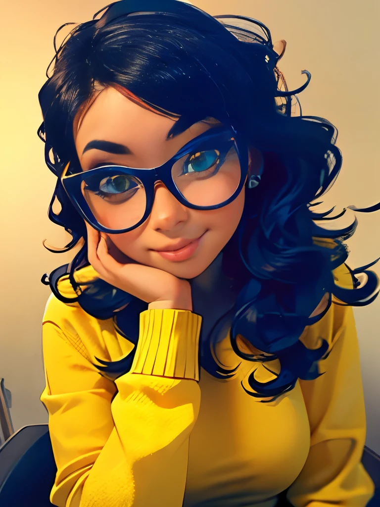 arafed woman with glasses and a yellow sweater sitting in a chair, wavy hair yellow theme, with glasses, girl with glasses, belle delphine, with square glasses, wearing wheat yellow gauze, ulzzang, high quality portrait, girl wearing round glasses, with glasses on, young and cute girl, with yellow cloths, wearing thin large round glasses