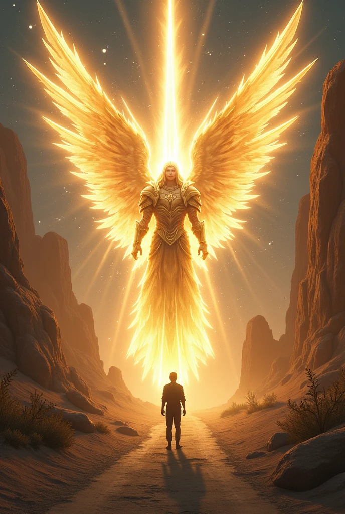 Powerful angel of light with armor and lots of bright light and a big sword in his hand, In front of the angel a man standing looking at the angel, The two of them are on a dirt road and on either side there are large rocks and it is night and there are bushes like in the desert