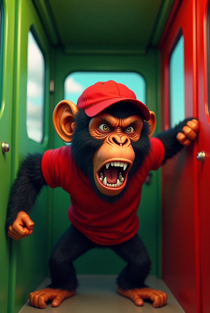 Angry monkey in red cap and shirt trapped inside red and green bus 