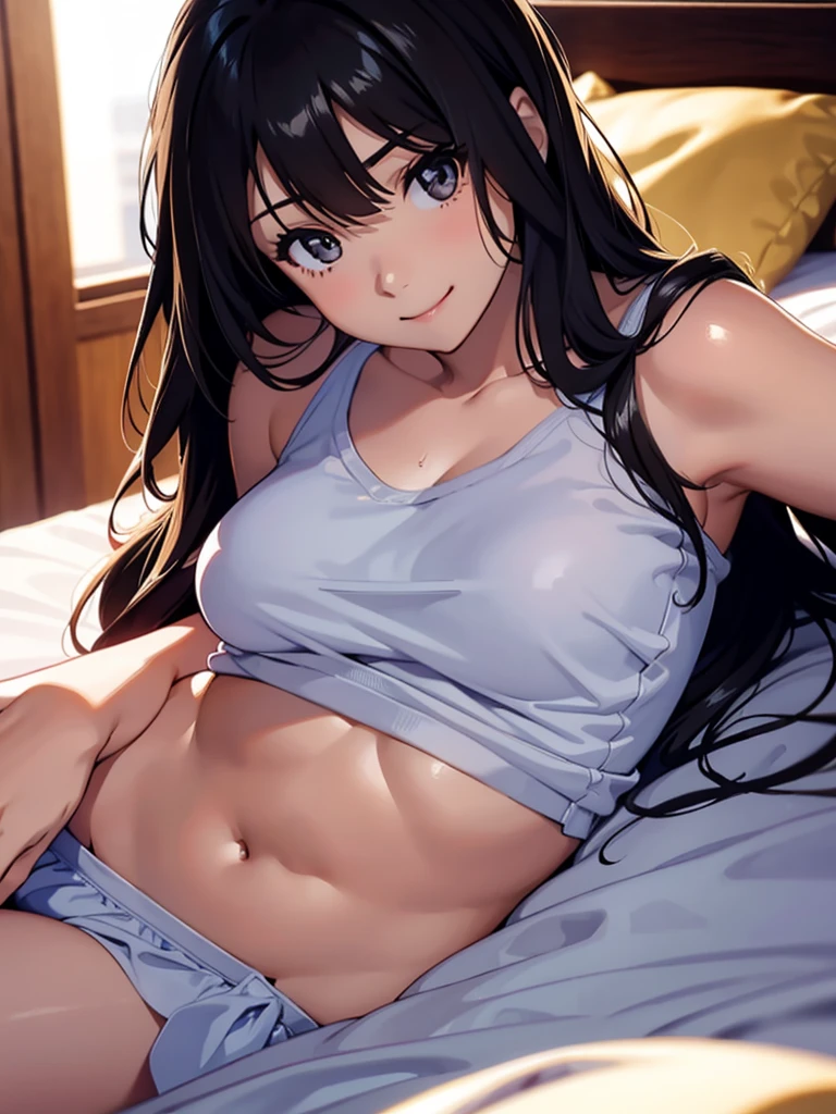 Woman, cute, adorable, smiling, straight hair, long hair, black hair, morning, sunny, looking at the camera, bedroom, sunlight, tank top pajamas, lying on bed,
on stomach,
on belly,
(put stomach on bed:1.3), (resting chin:1.3) on both hands:1.3