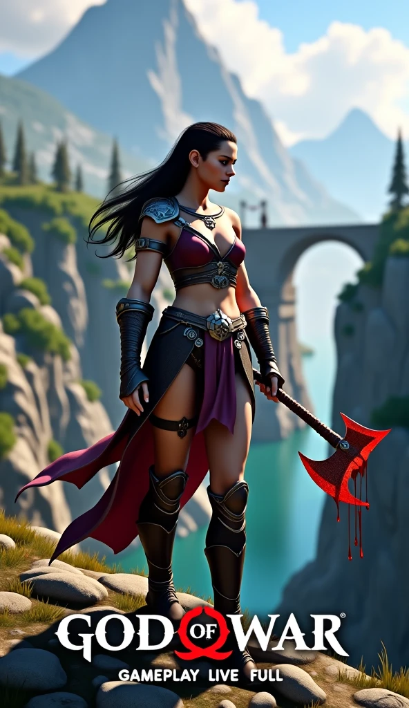 A 3D render of a God of War gameplay live session thumbnail. ATHENA is in the foreground, Athena Gods of War, medium shot, holding his axe high in the air. The axe has blood dripping from it. The background reveals a Nordic landscape with mountains, trees, and a bridge. The text "God of War gameplay live full" is placed at the bottom.