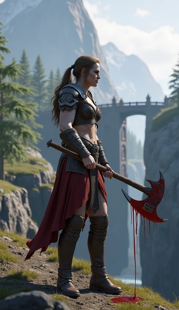 A 3D render of a God of War gameplay live session thumbnail. ATHENA is in the foreground, Athena Gods of War, medium shot, holding his axe high in the air. The axe has blood dripping from it. The background reveals a Nordic landscape with mountains, trees, and a bridge. The text "God of War gameplay live full" is placed at the bottom.