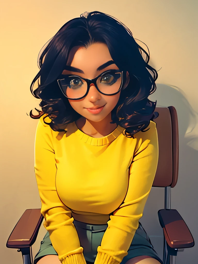 arafed woman with glasses and a yellow sweater sitting in a chair, wavy hair yellow theme, with glasses, girl with glasses, belle delphine, with square glasses, wearing wheat yellow gauze, ulzzang, high quality portrait, girl wearing round glasses, with glasses on, young and cute girl, with yellow cloths, wearing thin large round glasses