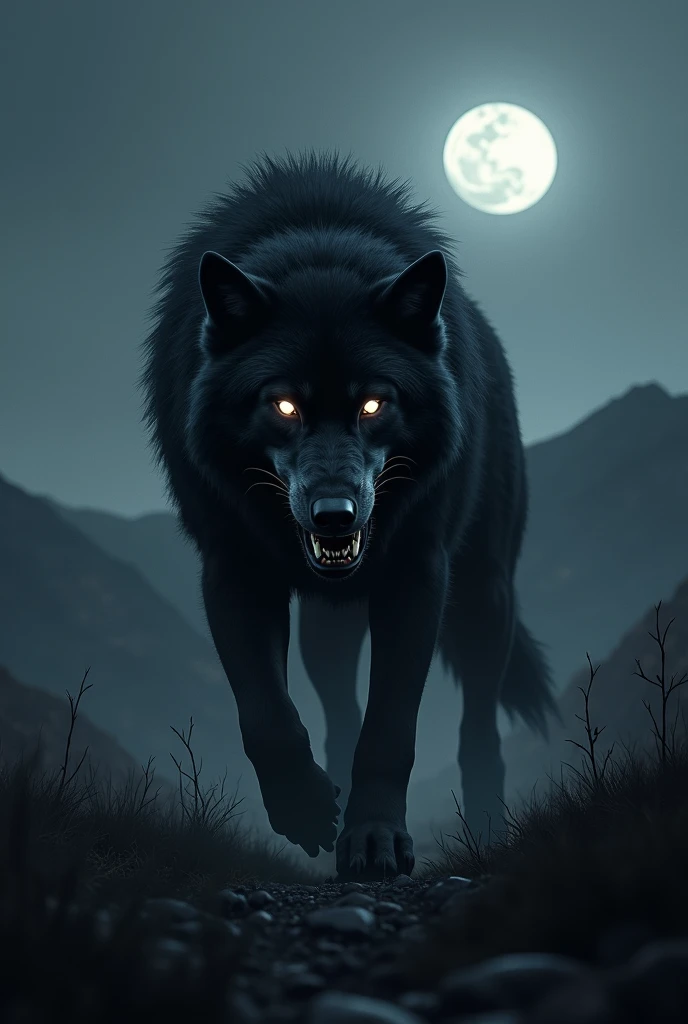 Black wolf with scary face in night on hills area 