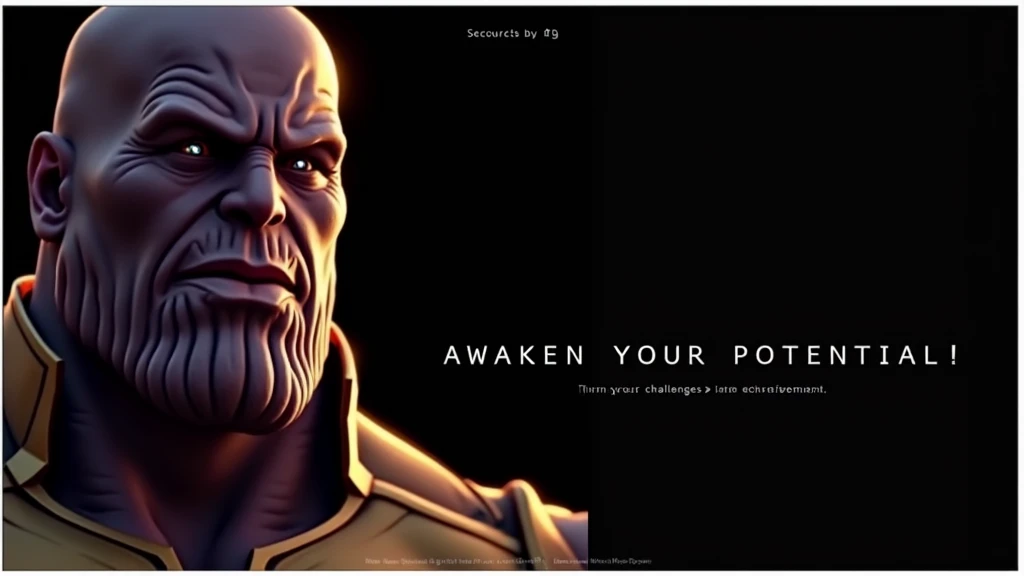 center image: A face de Thanos em close, with a determined and confident expression, representing power and inner strength. He may have the Infinity Stone in the spotlight, symbolizing the ability to achieve any goal. Leading text: "Awaken Your Potential!" in a large, striking font, overlaying the image of Thanos. The text can be in a bright color like gold or silver to stand out against the background.. Additional Text: Below the main text, include a motivational phrase like "Turn your challenges into achievements" ou "True strength is within you". Elementos visuais: Add glow or lightning effects around Thanos to emphasize the feeling of power and energy. Use a dark, dramatic background to make the Thanos image and text stand out. Colors and Style: Use a color palette that evokes grandeur and power, like purples and golds, with strong contrasts to ensure that the text is legible
