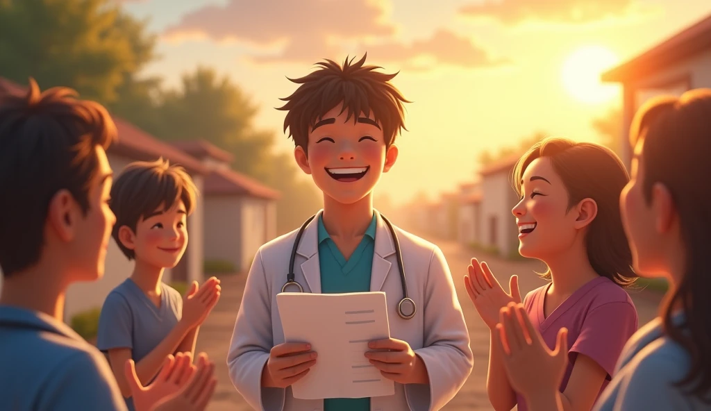 "A scene of celebration with the student holding a NEET result sheet, showing his success. His face is lit with joy and relief. Friends and family surround him, clapping and congratulating him. The village is in the background, bathed in warm sunlight, symbolizing the student's bright future as he achieves his dream of becoming a doctor."