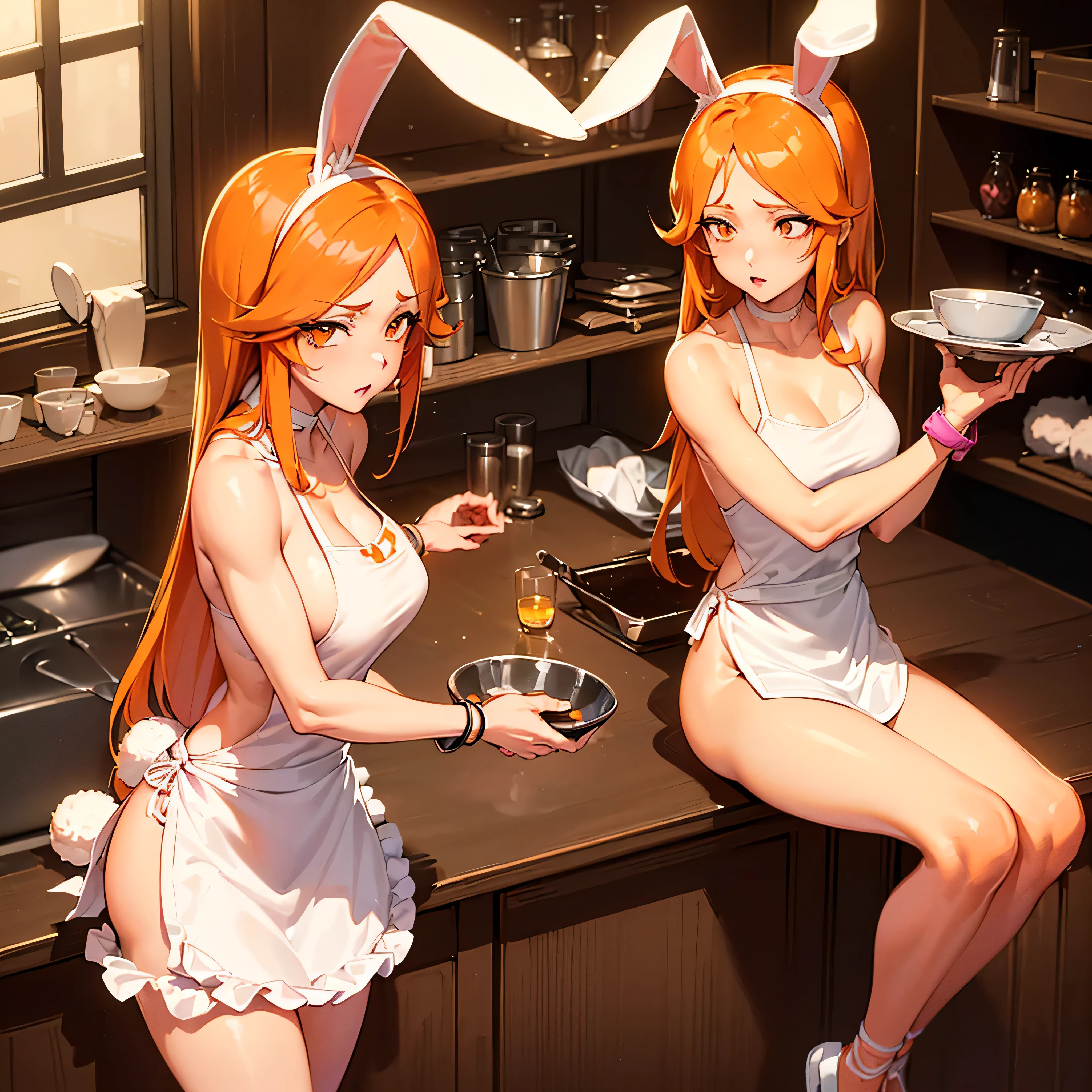 (((1girl, solo, Orihime, Orihime Inoue, bleach, (Orange hair, Orange eyes, long hair, rabbit ears, White skin), lipstick, fitness)), sensual pose, Beautiful, diamond necklace)), ((solo, 1woman, pink lipstick, Extremely detailed, ambient soft lighting, 4k, perfect eyes, a perfect face, perfect lighting, a 1girl)), austere, ((fitness,, shapely body, athletic body, toned body)), (( pink apron, just wearing an apron, naked, kitchen, household utensils, pans, pots, shelves, counter, sink, bracelets, elegant decor, sexy ))