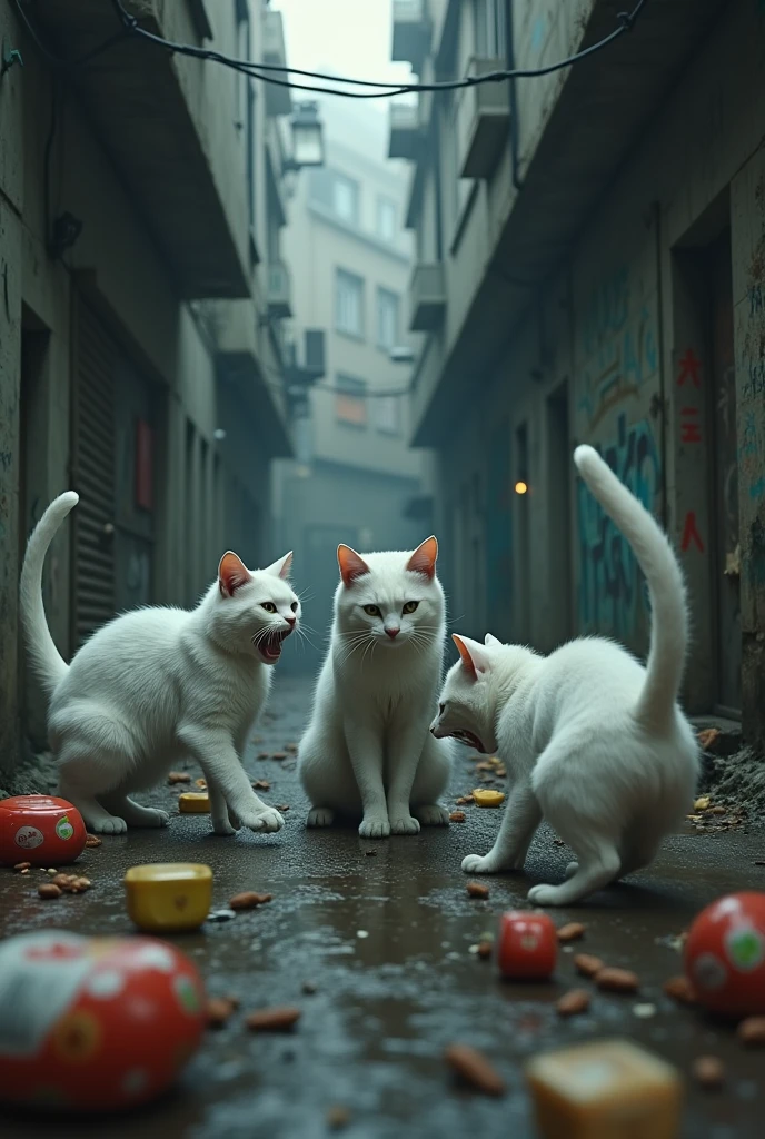 White cat is attacked by three white cats in a dark alley with bags of food on the floor
