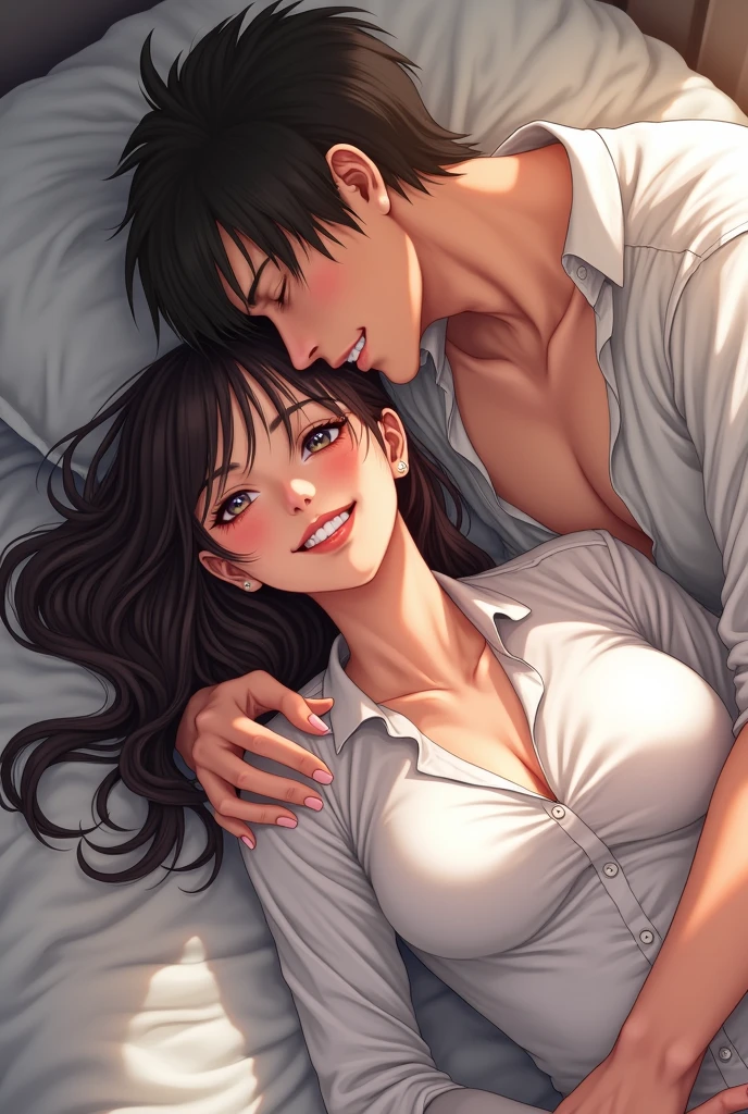 Doggystyle, sex, vaginal, lying, on bed, paper sheets, 1girl, 1boy, white shirt, office lady, bottomless, topless, large penis, smile, blush, closed mouth, long hair,
