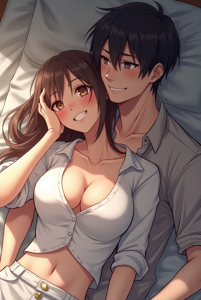 Doggystyle, sex, vaginal, lying, on bed, paper sheets, 1girl, 1boy, white shirt, office lady, bottomless, topless, large penis, smile, blush, closed mouth, long hair,