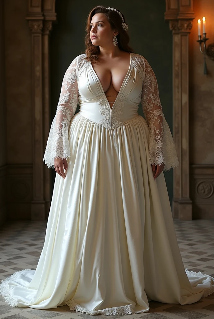 A medieval-inspired AVN award-winning gown in luxurious white velvet and glossy satin, featuring a deep V-neck blouse that accentuates the sultry cleavage of a plus-size exhibitionist MILF. The ethereal look is completed with flowing lace bell sleeves and a full satin skirt, creating a breathtaking fantasy-themed ensemble