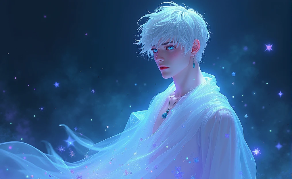 This image portrays an enchanting male character with a striking, ethereal appearance. The character has pale, almost porcelain-like skin and short, white hair that is slightly tousled. Their eyes are vibrant, with a shimmering quality that reflects a spectrum of blues and purples, giving them a mystical, otherworldly gaze. The character is draped in a translucent, flowing material that glows with shades of blue, purple, and aqua, reminiscent of the night sky or a galaxy. This material wraps around them, enhancing their celestial and enigmatic aura. The background also contributes to this theme, with a deep, cosmic ambiance filled with subtle, star-like patterns and light trails, which blend seamlessly with the character's attire. Overall, the image exudes a cool, serene, and magical atmosphere, with the character embodying a celestial or astral being, seemingly beyond the mortal realm. The interplay of light, color, and texture adds depth to the image, making it visually captivating and evocative of a dreamlike world.