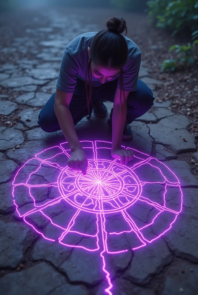 The protagonist understands the message of the spirits and begins to draw a pattern on the ground., connecting the cracks with energy lines.
The lines he draws on the ground glow with purple light, connecting the cracks and forming a complex geometric symbol that seems to contain the power of the earth.
