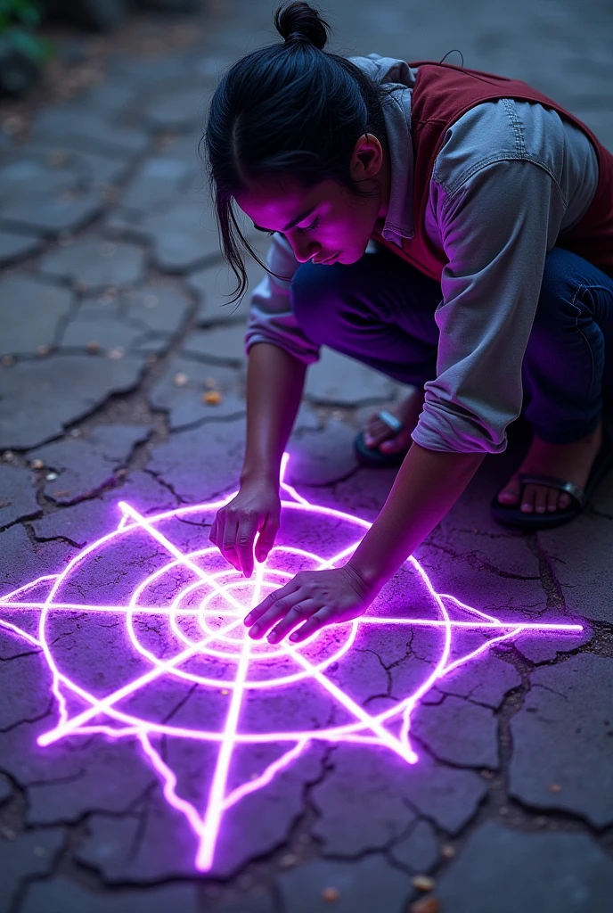 The protagonist understands the message of the spirits and begins to draw a pattern on the ground., connecting the cracks with energy lines.
The lines he draws on the ground glow with purple light, connecting the cracks and forming a complex geometric symbol that seems to contain the power of the earth.