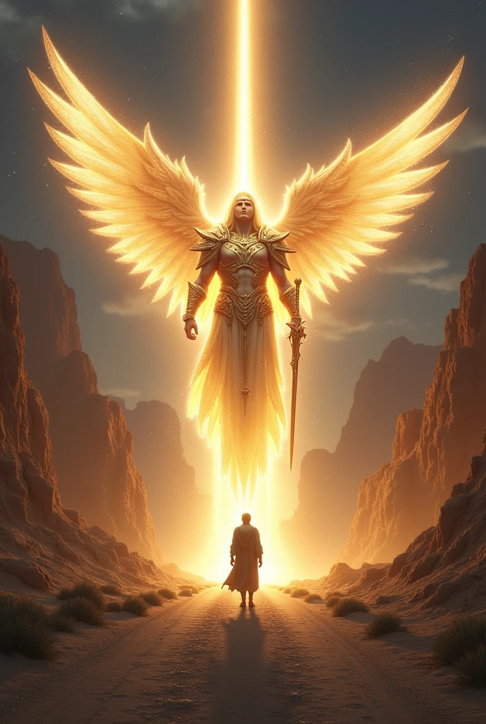 Powerful angel of light with armor and lots of bright light and a big sword in his hand, In front of the angel a man standing looking at the angel, The two of them are on a dirt road and on either side there are large rocks and it is night and there are bushes like in the desert 