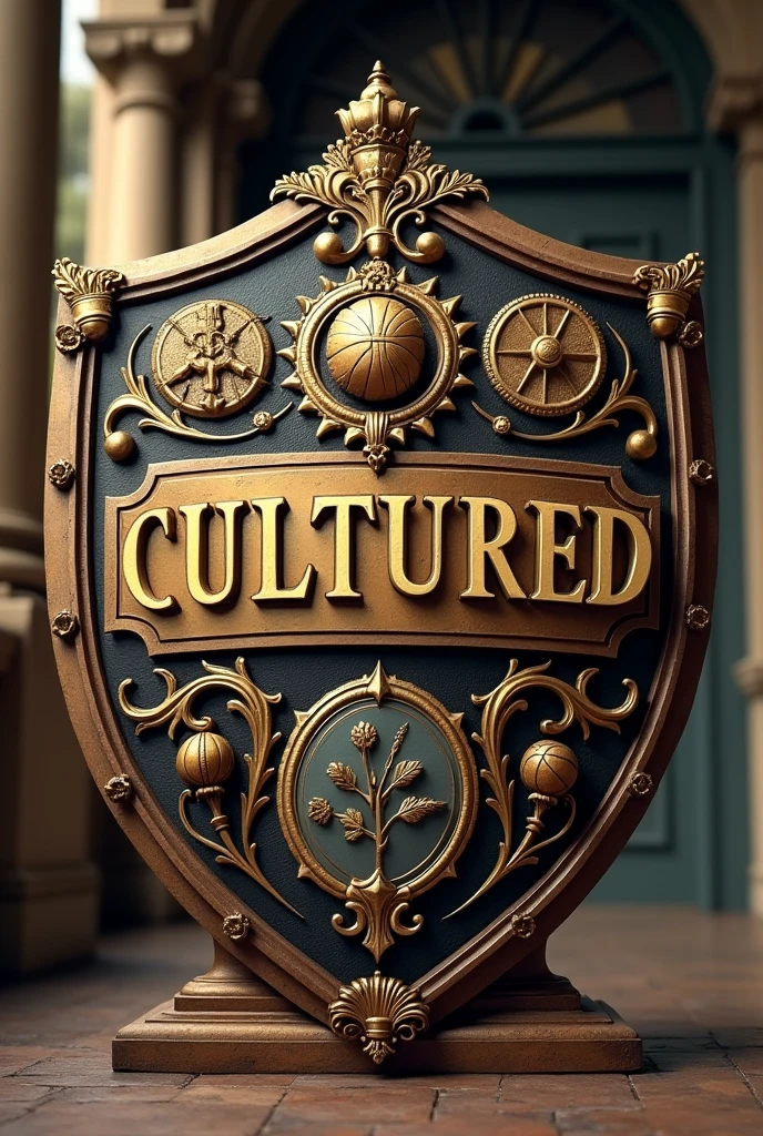 Create a shield where it says "cultured" have images related to sports and studies