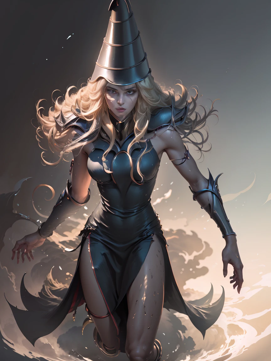 (8k,photorrealistic raw photography highest quallity;1.4) (1 girl in) super beauty (realistically rendered face) female body (Blonde with long curls) Hold a black and red magic wand combat scene Magic hat with black and gold exterior Beautiful expression sheen (real looking skin) (Giles dark wizards) enticing super high resolution a hyperrealist high détail photo by full body skeletal remains