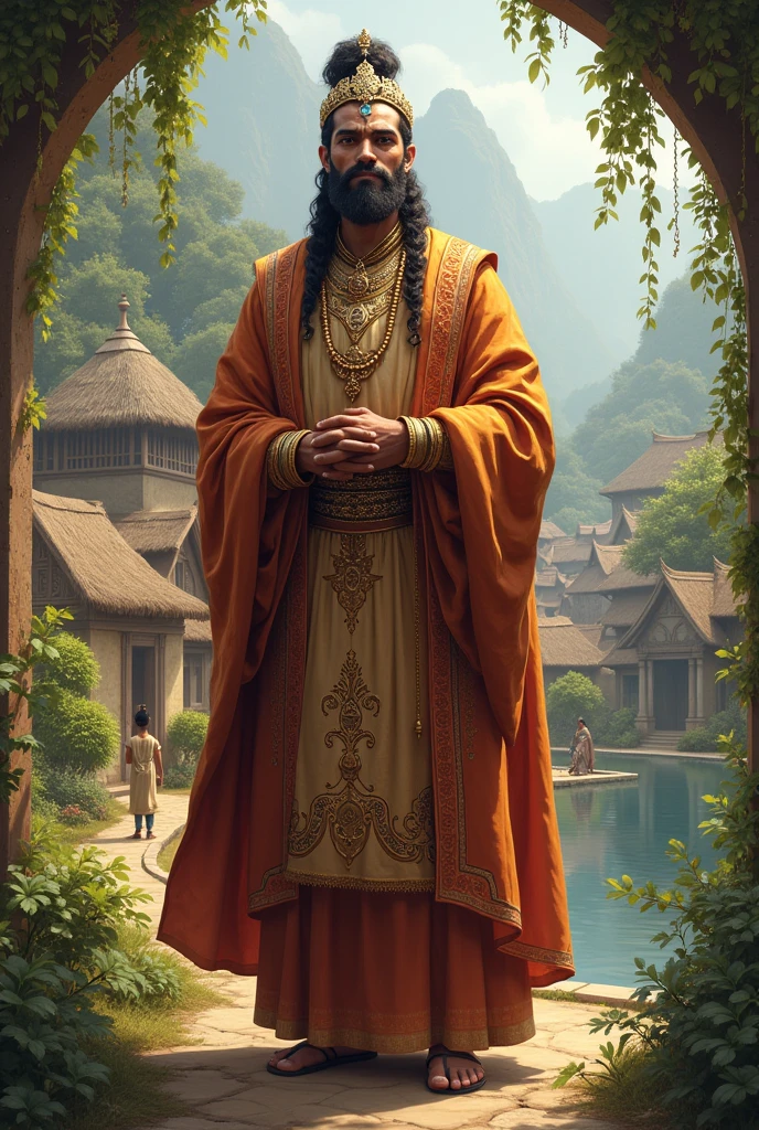 King Udayan in the Village: "King Udayan, in royal attire but with a humble demeanor, 

