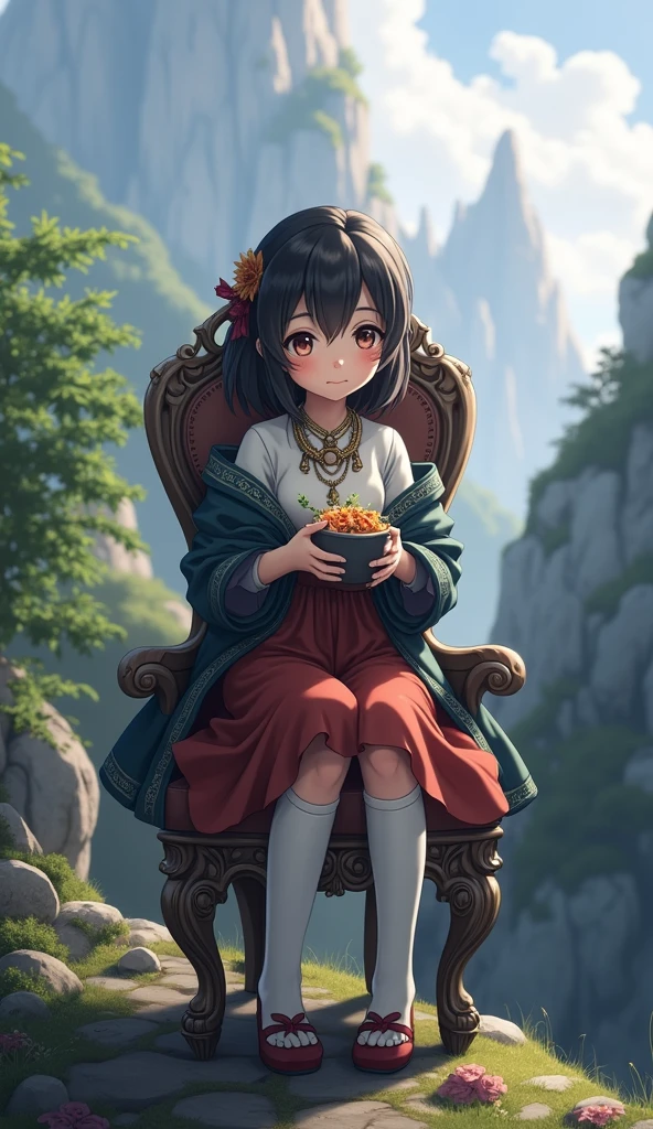 anime girl sitting in chair with a bowl of food in her hand, alchemist girl, light novel cover art, official art, epic light novel art cover, official artwork, epic light novel cover art, , isekai, small curvy , cushart krenz, cushart, cushart krenz key art feminine, shadowverse style, moe