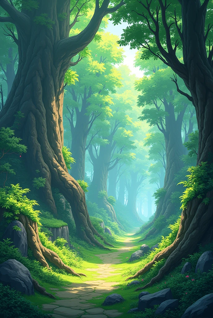 Anime-like fighting forest but just the forest, cool, but clear and with trees to climb