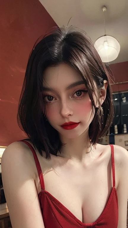 (masterpiece, high quality, Fisheye Lens:1.2), (Close-up portrait:1.1), alone, Model photoshoot, (red theme:1.1), Snazzy, dora, Brown Hair, Brown eyes, red lipstick, red eye shadow, red面, (freckles:0.7), (European, 2:1.3), sexy, Pure innocence, (A light smile:0.8), Prostitute vibe, in love, simple red dress, Cleavage, Detailed and natural skin texture, A seductive gaze, Detailed lighting, (red:1.1) Wall Background, Shallow depth of field, Romantic atmosphere, Dreamy pastel palette, Whimsical details, captured on film, Browsing Caution