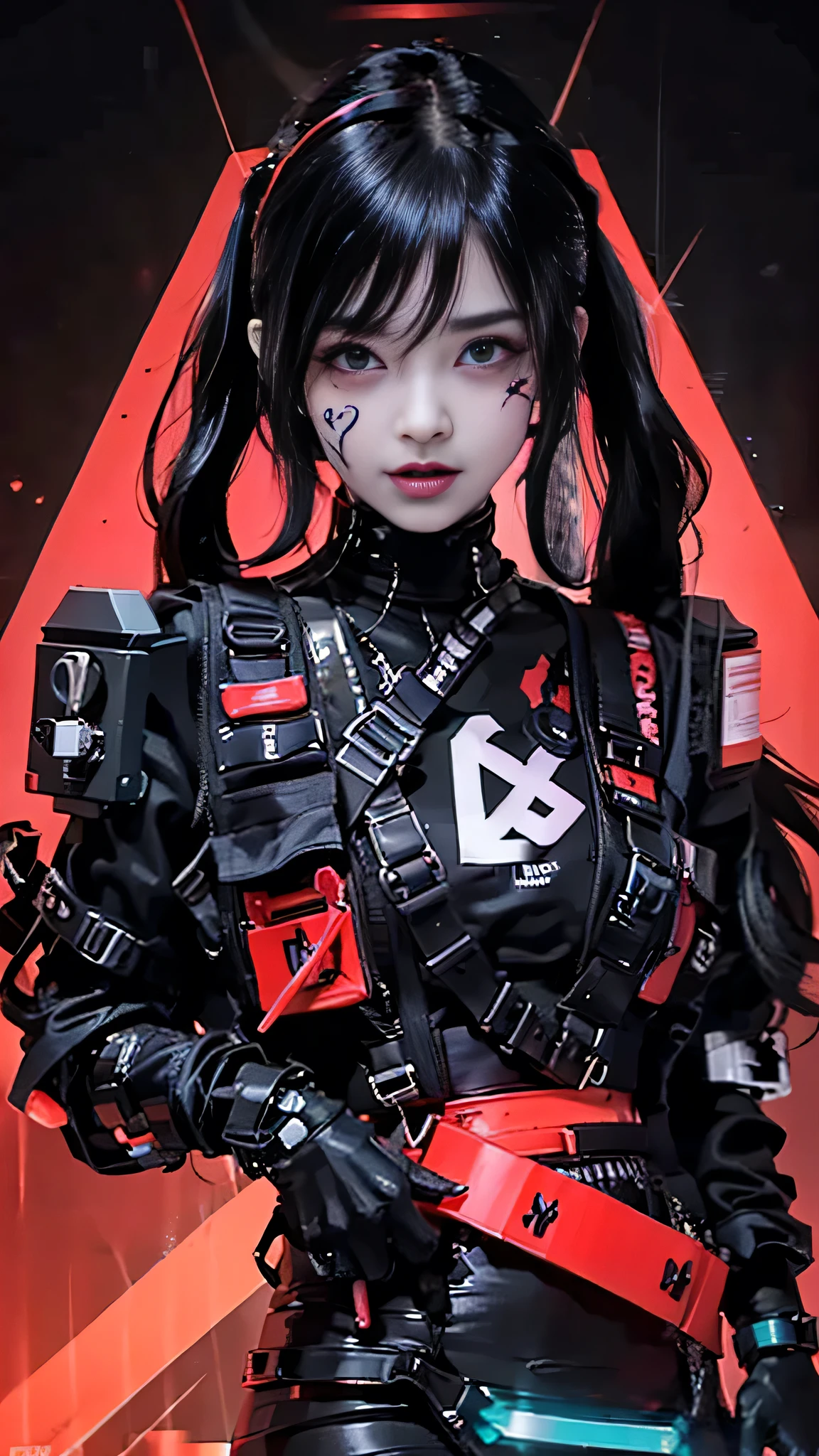 close-up, face of a beautiful teenager, with cybernetic parts on her face, black cross tattoos, red background, tongue out, reflections of neon lights